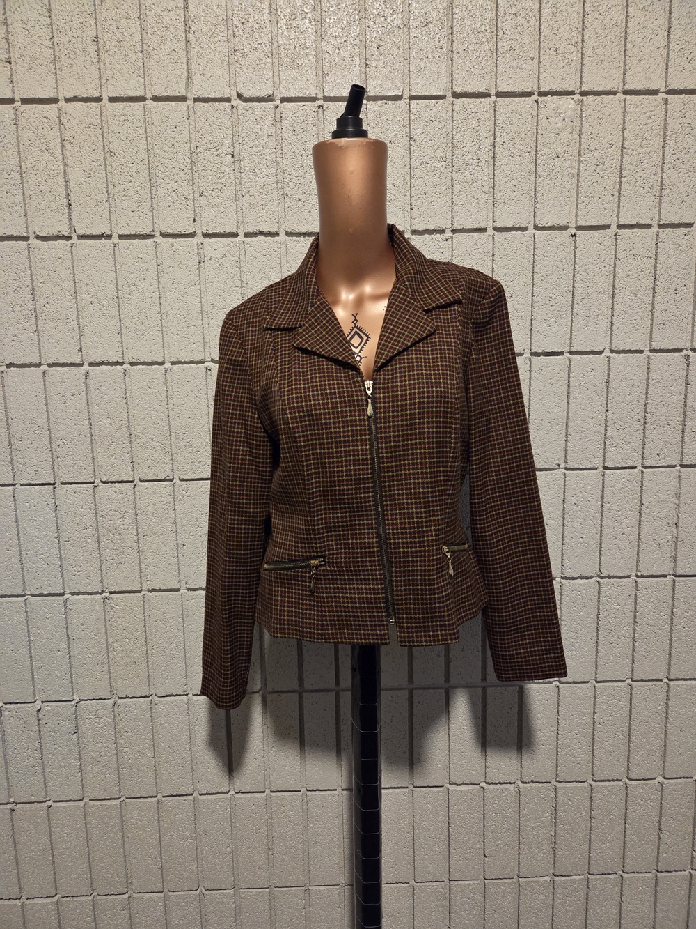 Scarlett Brown Checked Zip-Front Blazer